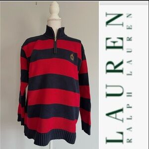 EUC Lauren Ralph Lauren Women's Red and Blue striped zip up sweater size Large